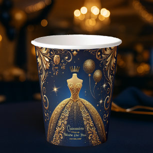 Royal Quinceañera Gold and Navy Princess Theme Paper Cups