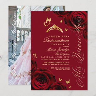 Royal Quinceanera Red Gold Tiara Invitation
