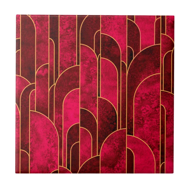Royal Red and Gold Art Deco Pattern Tile (Front)