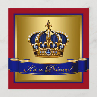 Royal Red Blue and Gold Crown Prince Baby Shower Invitation