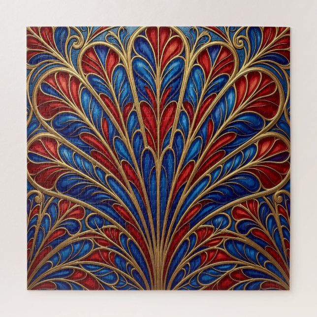 Royal Red Blue Gold Ornate Peacock Fan Pattern Jigsaw Puzzle (Vertical)