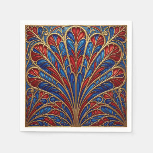 Royal Red Blue Gold Ornate Peacock Fan Pattern Napkin