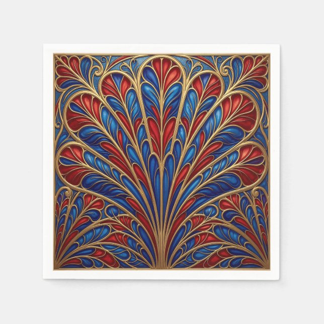 Royal Red Blue Gold Ornate Peacock Fan Pattern Napkin (Front)