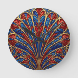 Royal Red Blue Gold Ornate Peacock Fan Pattern Round Clock