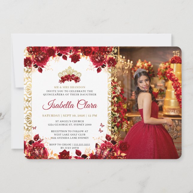 Royal Red Floral Gold Arch Photo Quinceanera Invitation (Front)