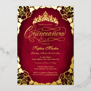 Royal Red Gold Elegant Rose Script Quinceanera 