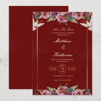 Royal Red & Gold Floral Dove Wedding Invite