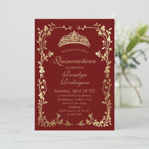 Royal Red Gold Floral Photo Quinceanera Invitation