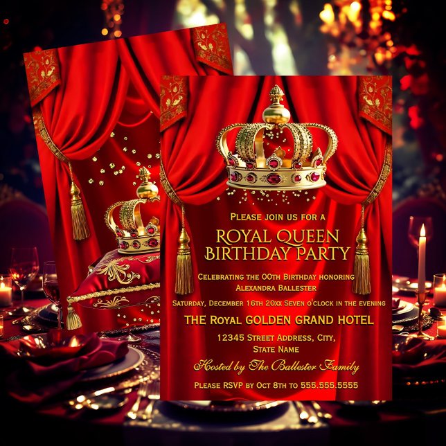 Royal Red Gold Queen Crown Birthday Party Invitation (Creator Uploaded)