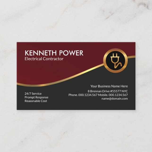 Royal Red Gold Wave Electrical Contractor Business Card (Front)