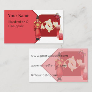 Royal Red Hanbok Man & Koi Fish Art Business Card