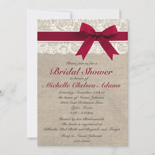 Royal Red Lace Burlap Bridal Shower Invitation (Front)