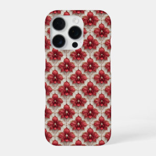 Royal Red Orchid Luxe ✨ Pearl Bead Floral Elegance iPhone 16 Pro Case
