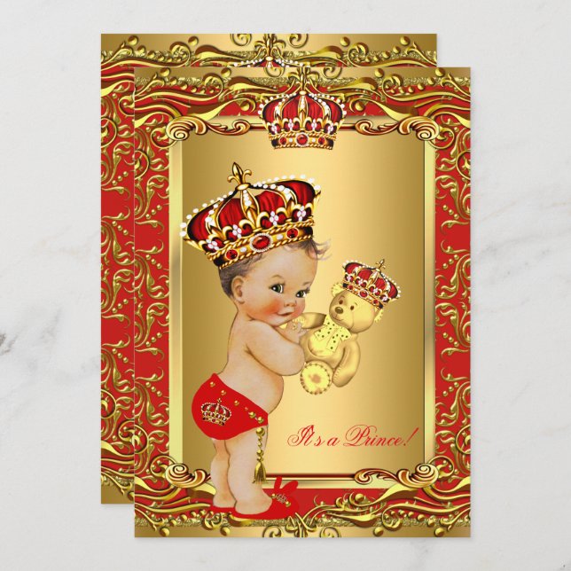 Royal Red Prince Crown Baby Shower Bear Invitation (Front/Back)