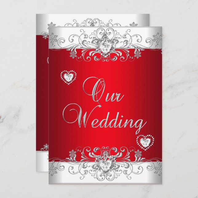 Royal Red Wedding Silver Diamond Hearts Invitation (Front/Back)