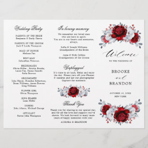Royal Red White Silver Floral Wedding Program