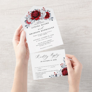 Royal Red White Silver Metallic Floral Wedding All In One Invitation