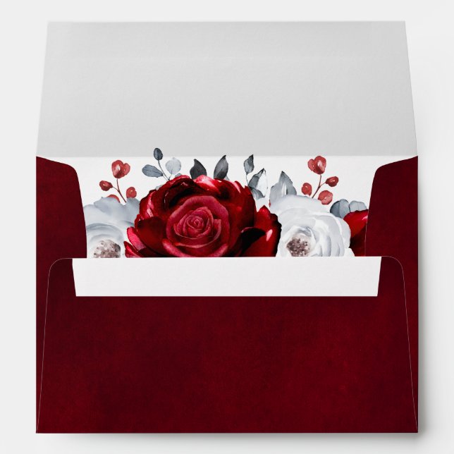 Royal Red White Silver Metallic Floral  Wedding Envelope (Back (Bottom))