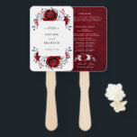 Royal Red White Silver Metallic Floral Wedding Hand Fan<br><div class="desc">Elegant royal red white silver theme wedding program hand fan featuring elegant bouquet of royal ruby red,  crimson,  silver,  pure white colour rose flowers buds and eucalyptus leaves. Please contact me for any help in customisation or if you need any other product with this design.</div>