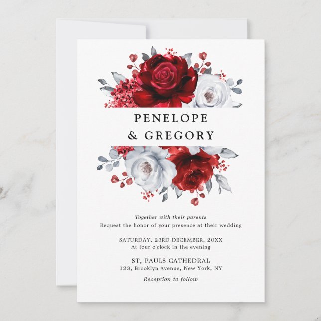 Royal Red White Silver Metallic Floral Wedding Invitation (Front)