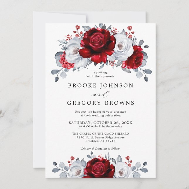 Royal Red White Silver Metallic Floral Wedding Invitation (Front)