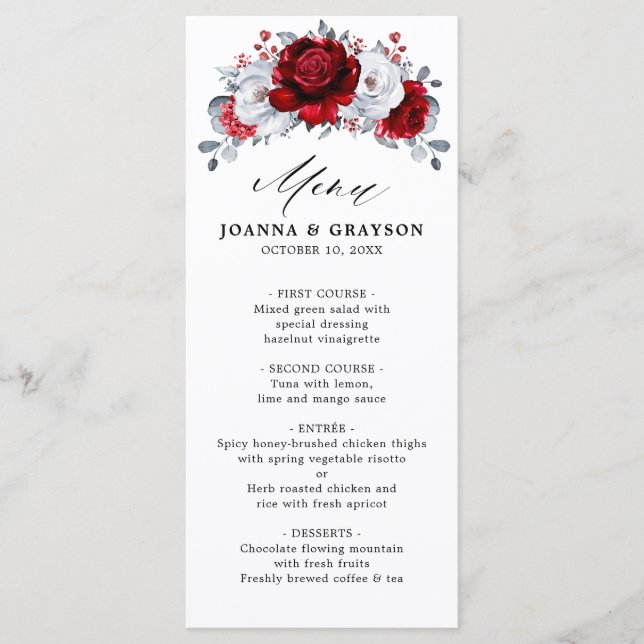 Royal Red White Silver Metallic Floral Wedding Menu (Front)