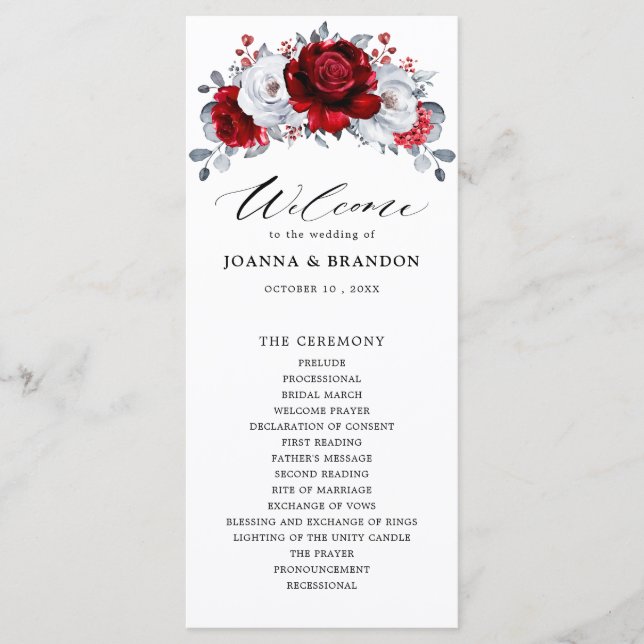 Royal Red White Silver Metallic Floral Wedding Programme (Front)