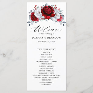 Royal Red White Silver Metallic Floral Wedding Programme