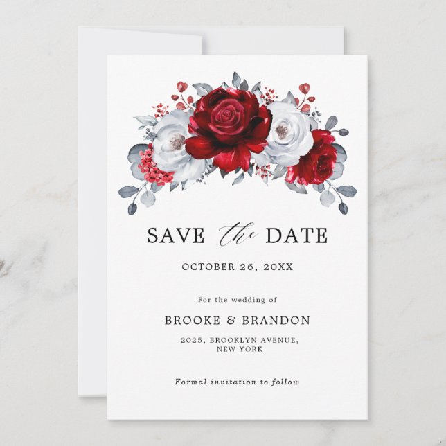 Royal Red White Silver Metallic Floral Wedding Save The Date (Front)
