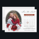 Royal Red White Silver Metallic Photo Calendar  Save The Date<br><div class="desc">Elegant royal red white silver theme calendar save the date card featuring elegant bouquet of royal ruby red,  crimson,  silver,  pure white colour rose flowers buds and eucalyptus leaves. Please contact me for any help in customisation or if you need any other product with this design.</div>