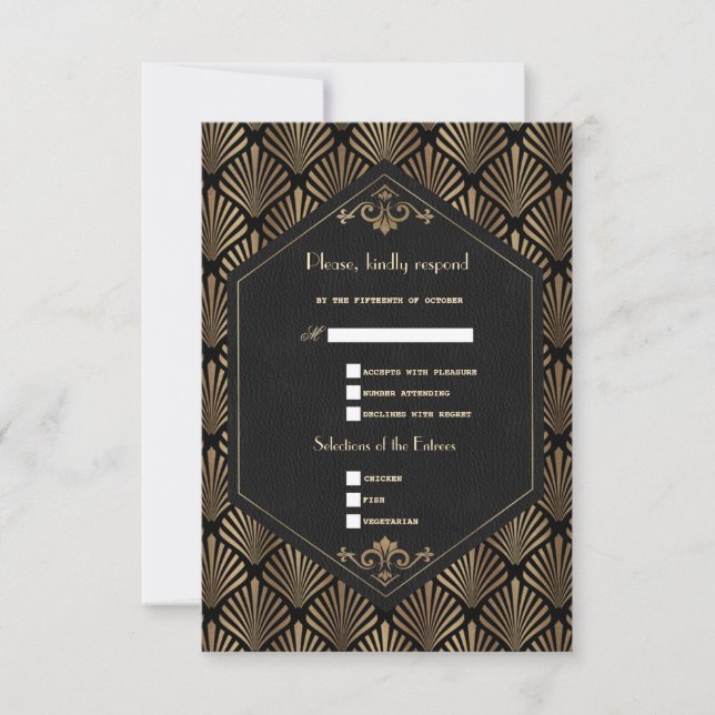 Royal Roaring 20's Gold Black Great Wedding RSVP Card (Front)