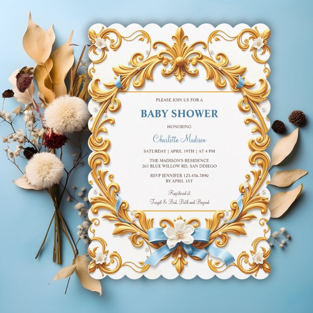 Royal Rococo Blue Gold Floral Boy Baby Shower Invitation (Royal Rococo Blue Gold Floral Boy Baby Shower Invitation)