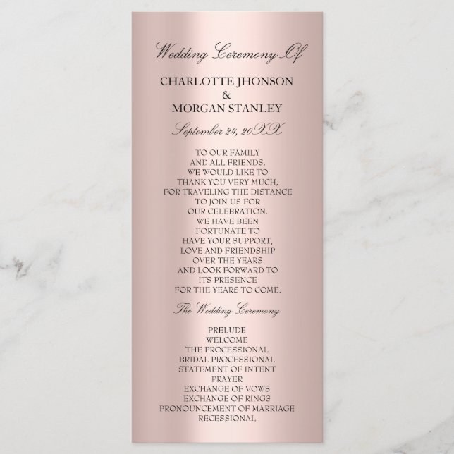 Royal Rose Blush Pink Minimalism Wedding Program Programme (Front)