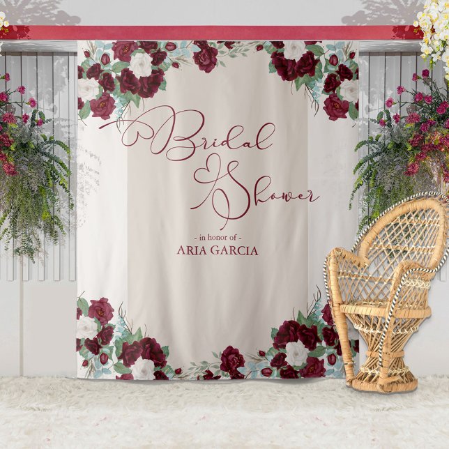 Royal Rose Burgundy Floral Bridal Shower Backdrop Tapestry (Creator Uploaded)