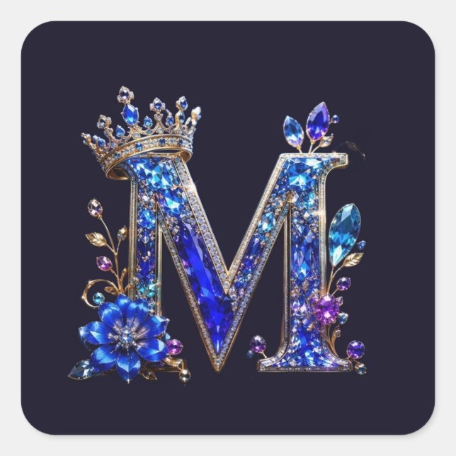 Royal Sapphire Crystal M Crown Monogram Square Sticker (Front)