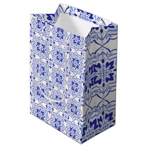 Royal Sapphire Elegant Blue Floral Mosaic Medium Gift Bag
