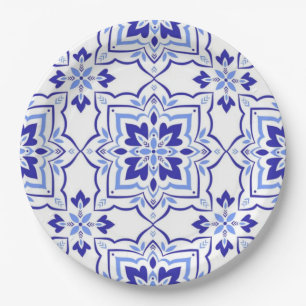 Royal Sapphire Elegant Blue Floral Mosaic Paper Plate