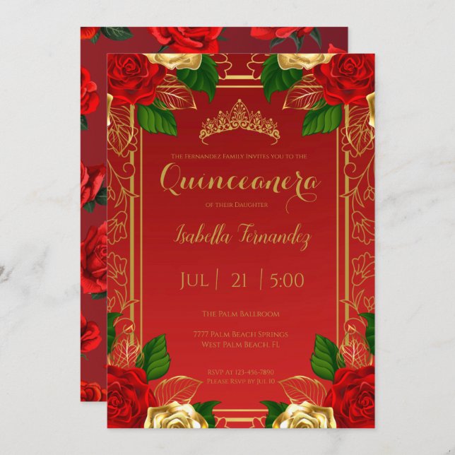 Royal Spanish Red & Gold Roses Quinceañera Invitation (Front/Back)