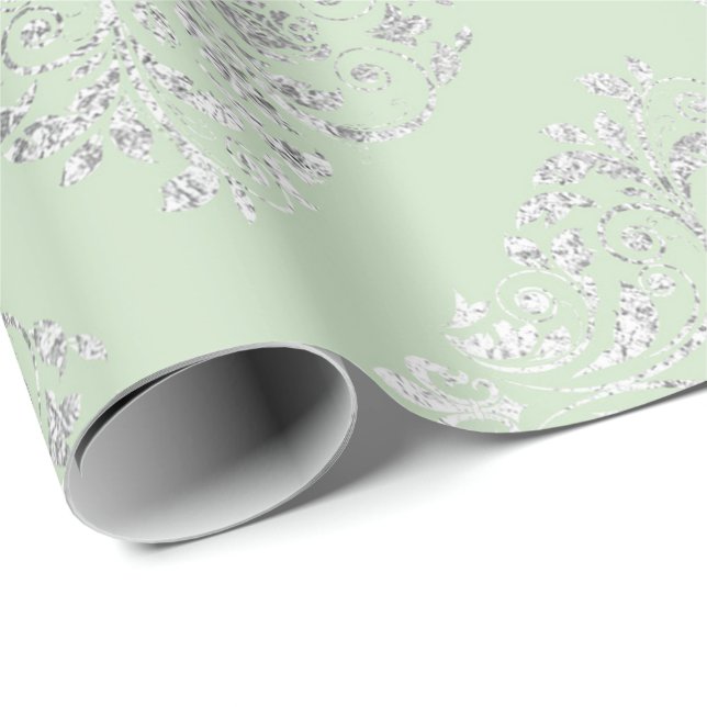 Royal Squares Damask Mint Green Silver Vip Wrapping Paper (Roll Corner)