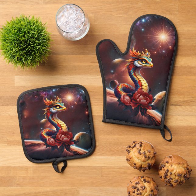 Royal star serpent of the universe. oven mitt & pot holder set (Top Down)