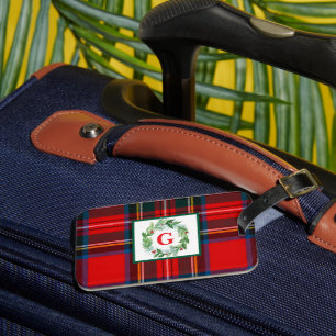 Royal Stewart Christmas MONOGRAM Plaid Wreath Luggage Tag
