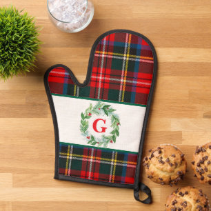 Royal Stewart Christmas MONOGRAM Plaid Wreath Oven Mitt