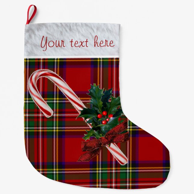 Royal Stewart Plaid Candy Cane & Holly Custom Large Christmas Stocking (Front)
