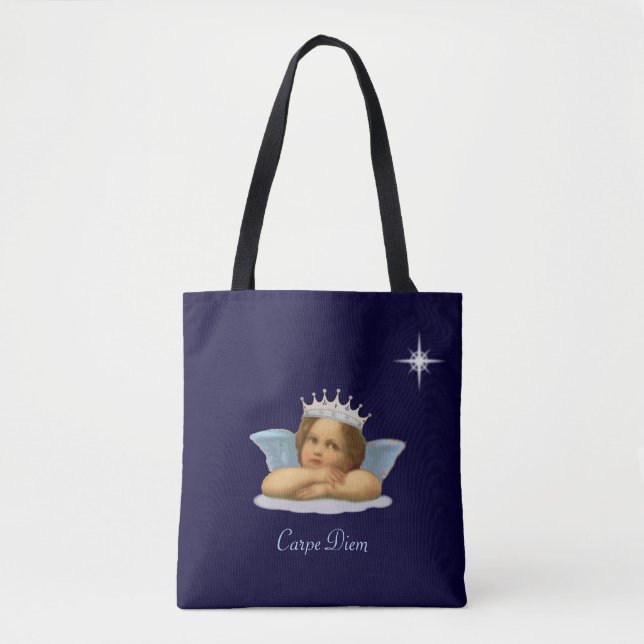 Royal Stylish Raphael Cherub on Navy Blue Tote Bag (Front)