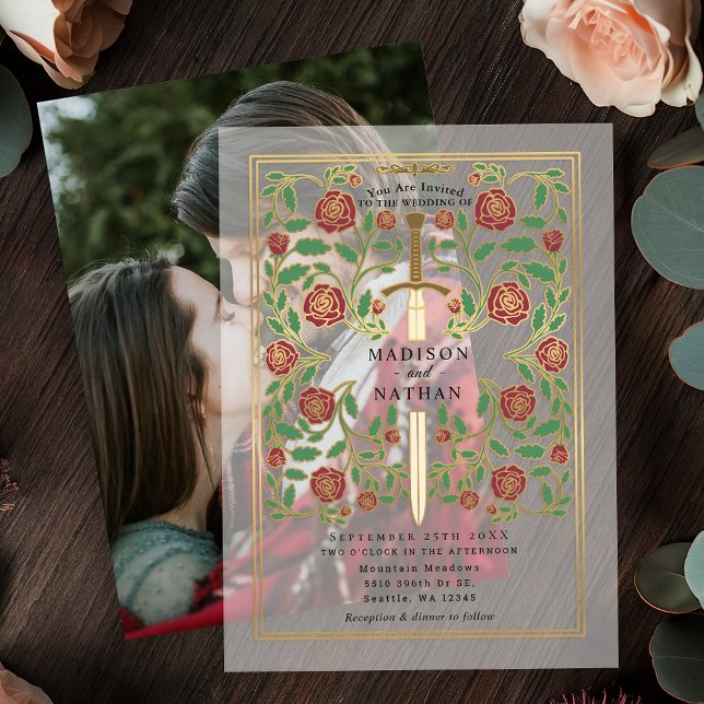 Royal Sword Floral Mediaeval Fantasy Wedding  Vellum Invitations (Creator Uploaded)