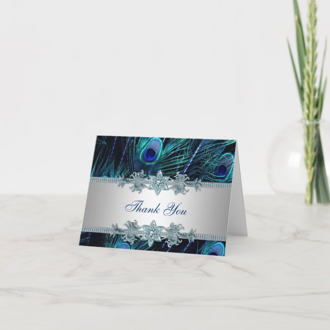 Royal Teal Blue Peacock Thank You Cards (Front)