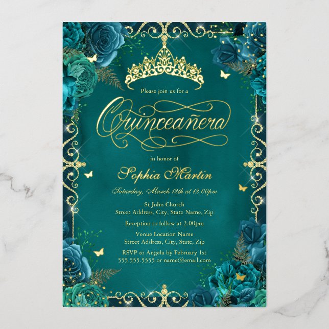Royal Teal Gold Butterfly Rose Quinceanera (Front)