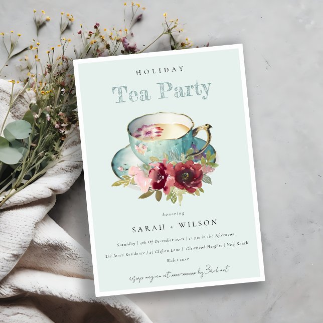 Royal Teal Gold Floral Teacup Holiday Tea Party Invitation (Creator Uploaded)