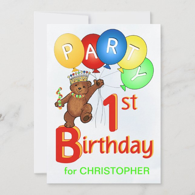 Royal Teddy Bear 1st Birthday Party Invitation (Front)