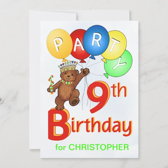Royal Teddy Bear 9th Birthday Party Invitation (Front)
